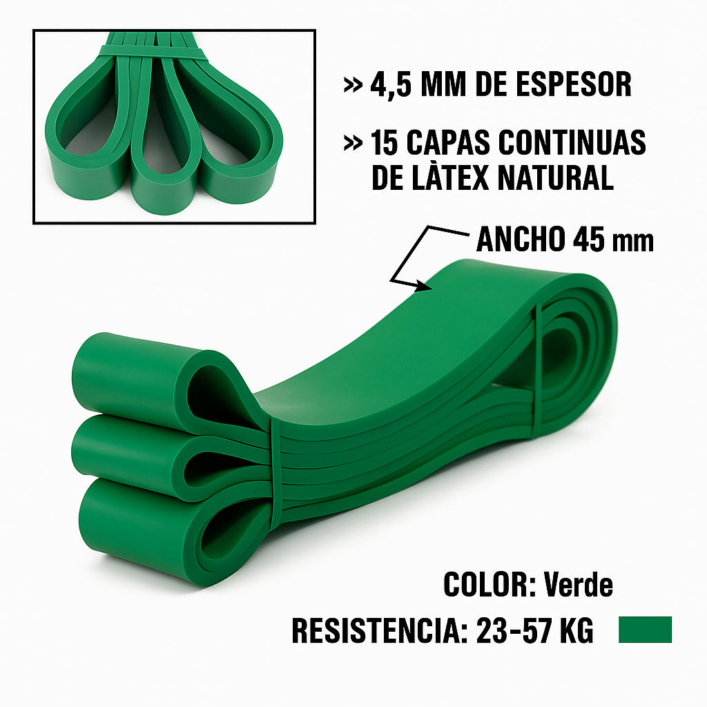 Súper Banda Verde 45 mm – Powerlifting, Crossfit y Dominadas (27–36 kg)