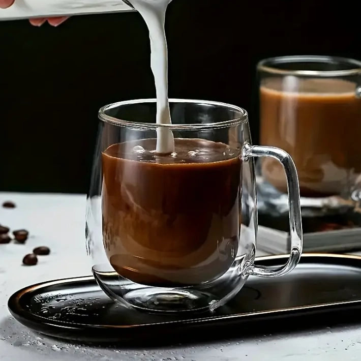 2 Tazas Doble Pared de Vidrio Con Asa