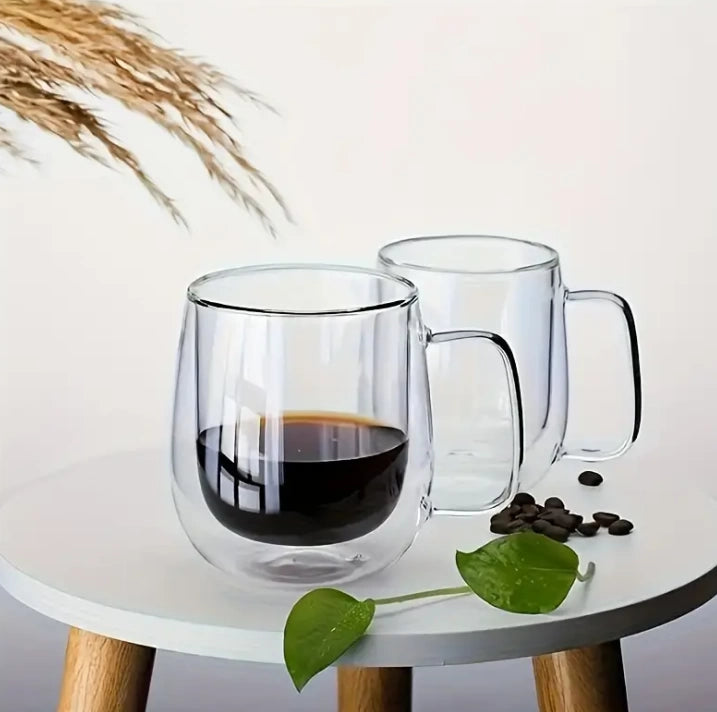2 Tazas Doble Pared de Vidrio Con Asa
